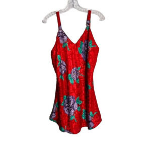 Kathryn Lingerie Dress Slip Satin Red Gown Large Purple Floral V-Neck